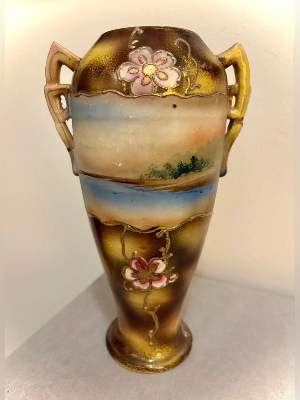 Japanese Nippon-Style Urn, Exquisite Moriage Florals & Landscape Antique 10 inch